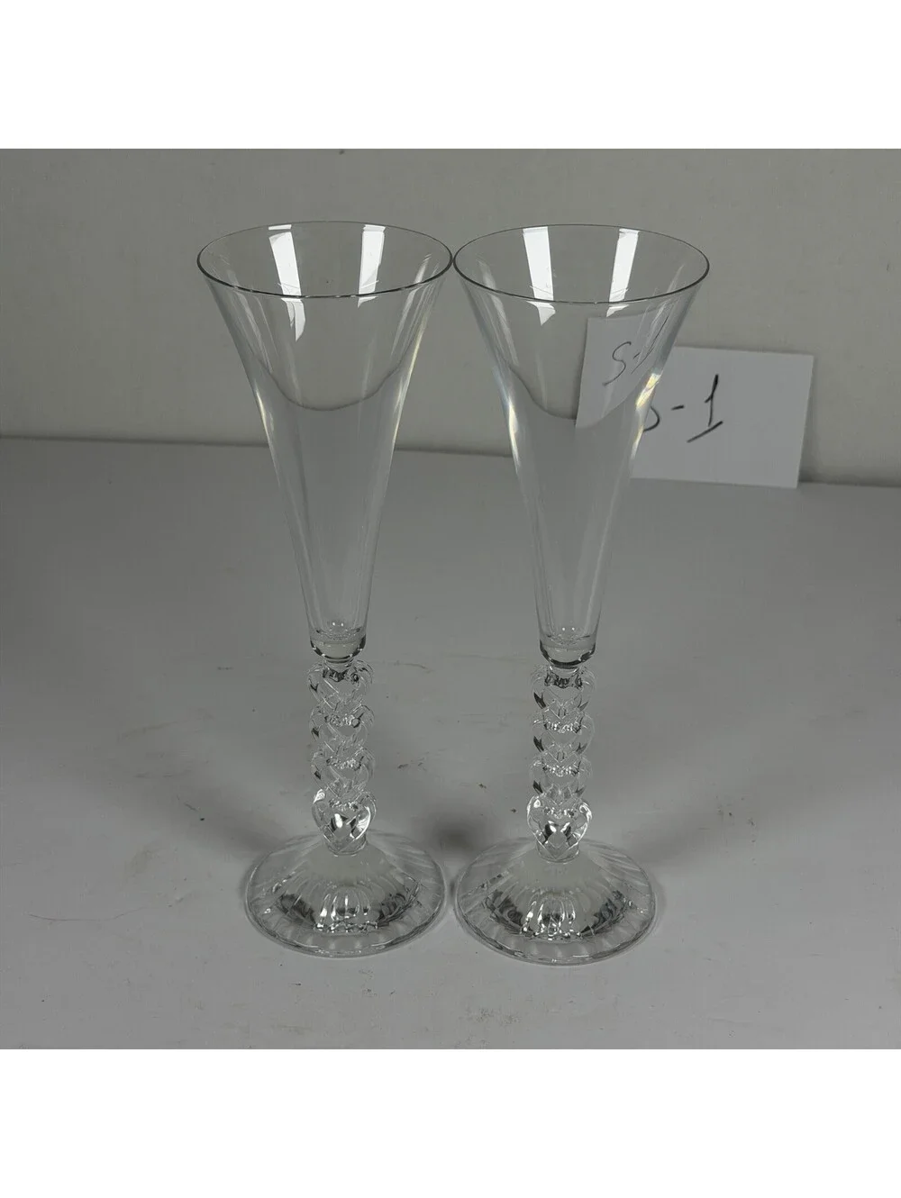 Set of 2 Clear Glass Champagne Flutes with Stacked Heart Stems - S-1